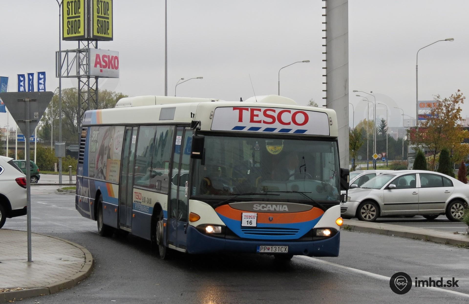 Scania OmniCity #PP-131CX mieri zo svojej zachádzky ku JYSKu na konečnú HM Tesco